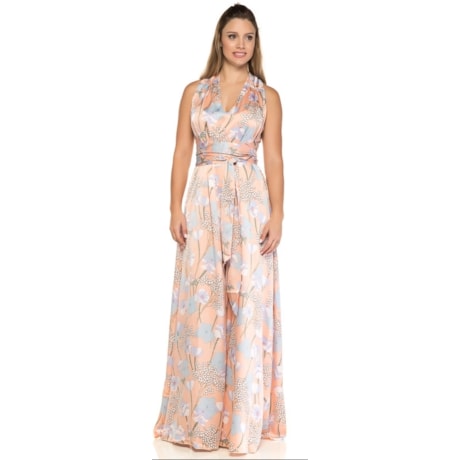 VESTIDO DE FESTA CAPITOLLIUM CETIM FLORAL FAIXA CINTURA - SALMÃO VESTIDO DE FESTA CAPITOLLIUM CETIM FLORAL FAIXA CINTURA - SALMÃO