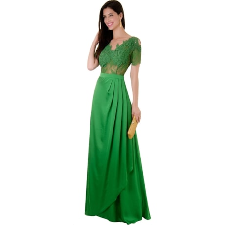 VESTIDO DE FESTA CETIM COM RENDA CAROLINA - VERDE