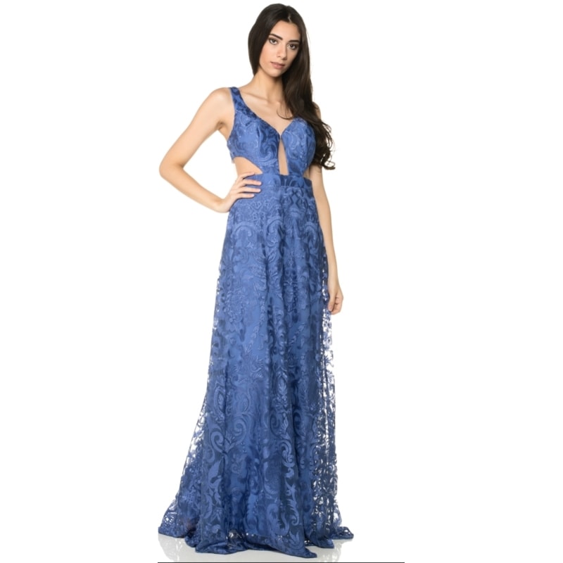 VESTIDO DE FESTA DOLPS LONGO RENDA COM RECORTES - AZUL