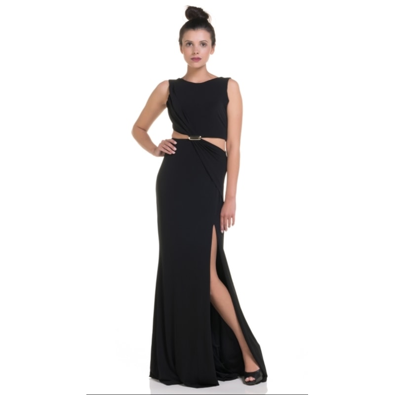 VESTIDO DE FESTA LONGO ALPHORRIA  RECORTE VAZADO CINTURA COM FENDA - PRETO