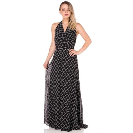 VESTIDO DE FESTA LONGO  AMÍSSIMA  CHIFFON FRENTE ÚNICA ESTAMPA GRÁFICA - PRETO