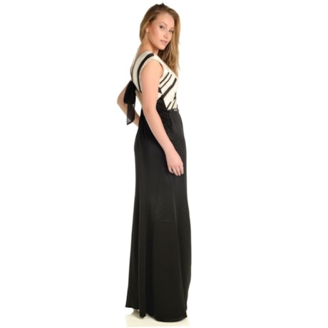 VESTIDO DE FESTA LONGO CHITA CHIC SEREIA CORPO LISTRA - PRETO/NUDE