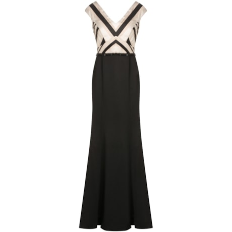 VESTIDO DE FESTA LONGO CHITA CHIC SEREIA CORPO LISTRA - PRETO/NUDE