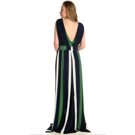 VESTIDO DE  FESTA LONGO CHOLET DE VISCOSE LISTRADA - MARINHO VESTIDO DE  FESTA LONGO CHOLET DE VISCOSE LISTRADA - MARINHO