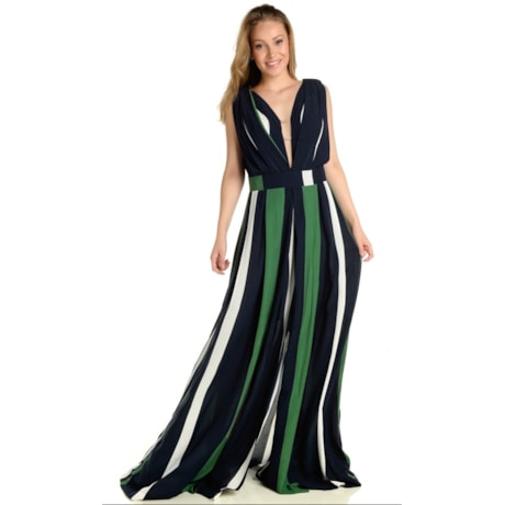 VESTIDO DE  FESTA LONGO CHOLET DE VISCOSE LISTRADA - MARINHO VESTIDO DE  FESTA LONGO CHOLET DE VISCOSE LISTRADA - MARINHO