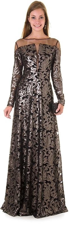 vestido longo prata bordado