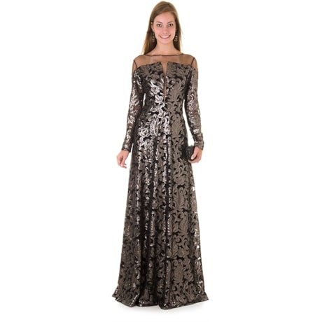 VESTIDO DE FESTA LONGO COM BORDADO ARABESCO EM PAETÊS XIRAZ - PRATA VESTIDO DE FESTA LONGO COM BORDADO ARABESCO EM PAETÊS XIRAZ - PRATA