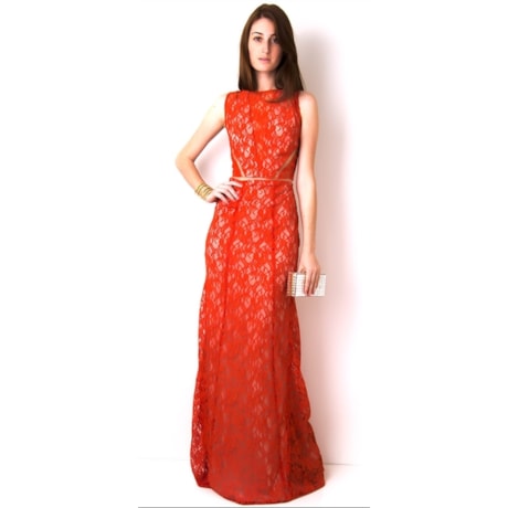VESTIDO DE FESTA LONGO COM RECORTES - LARANJA VESTIDO DE FESTA LONGO COM RECORTES - LARANJA