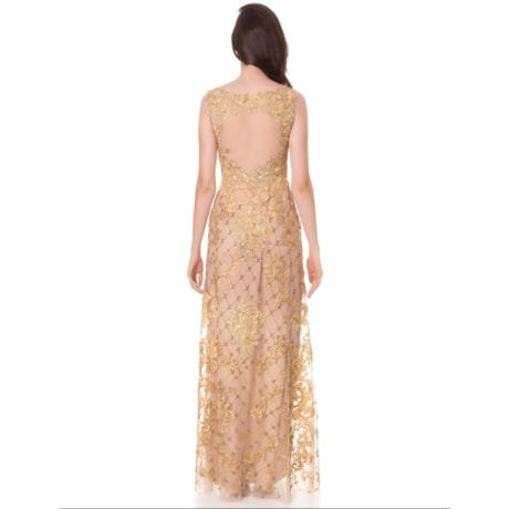 VESTIDO DE FESTA LONGO EM TULE BORDADO CAPITOLLIUM - DOURADO