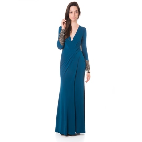 VESTIDO DE FESTA  LONGO JERSEY DRAPEADO ALPHORRIA MANGA LONGA BORDADO PEDRARIAS - PETRÓLEO VESTIDO DE FESTA  LONGO JERSEY DRAPEADO ALPHORRIA MANGA LONGA BORDADO PEDRARIAS - PETRÓLEO