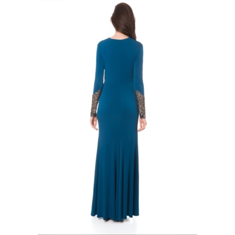 VESTIDO DE FESTA  LONGO JERSEY DRAPEADO ALPHORRIA MANGA LONGA BORDADO PEDRARIAS - PETRÓLEO VESTIDO DE FESTA  LONGO JERSEY DRAPEADO ALPHORRIA MANGA LONGA BORDADO PEDRARIAS - PETRÓLEO