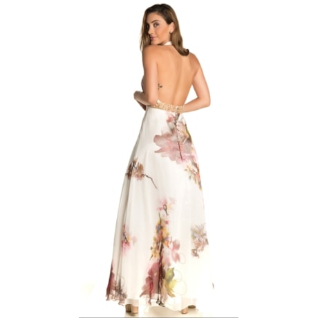 VESTIDO DE FESTA LONGO SCALA  FRENTE ÚNICA  FLORAL - OFF WHITE VESTIDO DE FESTA LONGO SCALA  FRENTE ÚNICA  FLORAL - OFF WHITE