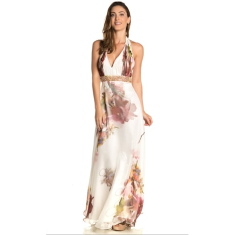 VESTIDO DE FESTA LONGO SCALA  FRENTE ÚNICA  FLORAL - OFF WHITE VESTIDO DE FESTA LONGO SCALA  FRENTE ÚNICA  FLORAL - OFF WHITE