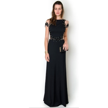 VESTIDO DE FESTA RECORTES TULE E GUIPURE - PRETO VESTIDO DE FESTA RECORTES TULE E GUIPURE - PRETO
