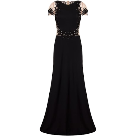 VESTIDO DE FESTA RECORTES TULE E GUIPURE - PRETO VESTIDO DE FESTA RECORTES TULE E GUIPURE - PRETO