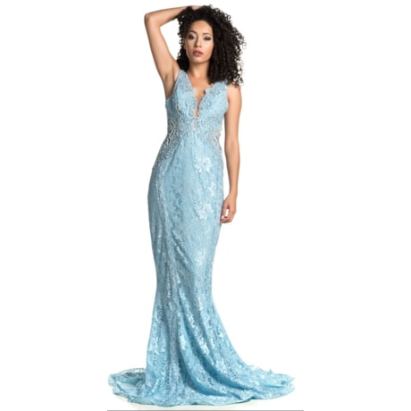 VESTIDO DE FESTA SAPHIRE RENDA E BORDADOS - AZUL VESTIDO DE FESTA SAPHIRE RENDA E BORDADOS - AZUL
