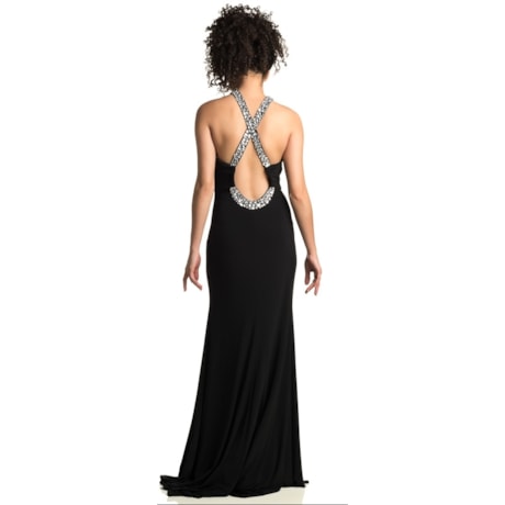 VESTIDO DE FESTA SCALA LONGO DECOTE GOTA COM PEDRARIAS - PRETO VESTIDO DE FESTA SCALA LONGO DECOTE GOTA COM PEDRARIAS - PRETO