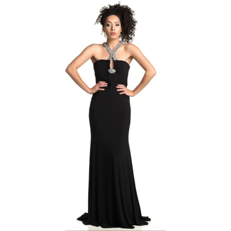 VESTIDO DE FESTA SCALA LONGO DECOTE GOTA COM PEDRARIAS - PRETO VESTIDO DE FESTA SCALA LONGO DECOTE GOTA COM PEDRARIAS - PRETO