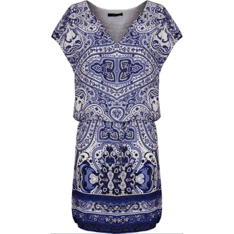 VESTIDO EM CHIFFON BLUSADO ESTAMPA AZULEJO - AZUL VESTIDO EM CHIFFON BLUSADO ESTAMPA AZULEJO - AZUL