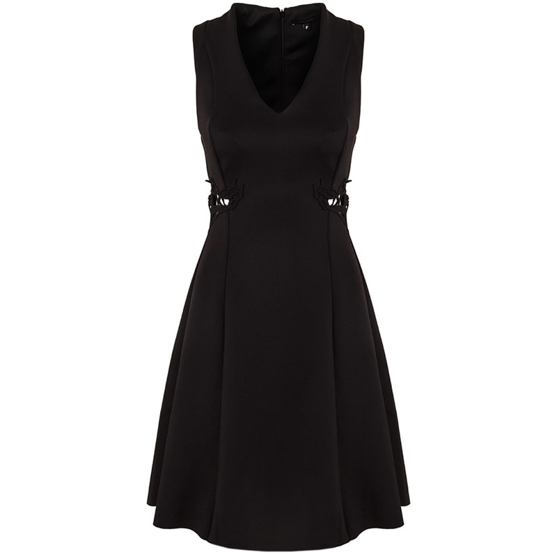 VESTIDO EM NEOPRENE PLUS COM APLICAÇÃO DE GUIPURE NA CINTURA - PRETO