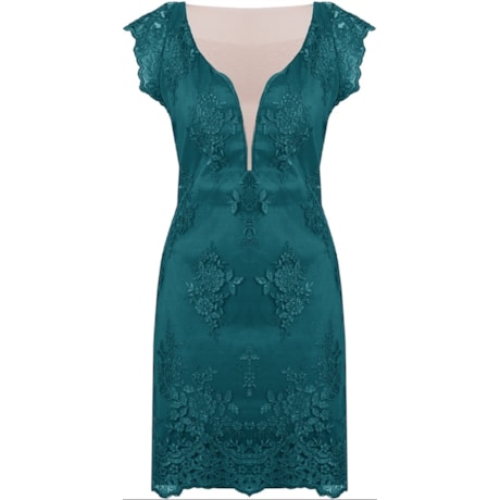 VESTIDO EM TULE BORDADO RENDA MANGAS E TULE COSTAS - TURQUESA