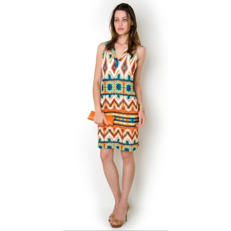 VESTIDO EM VISCOLINHO ESTAMPA ÉTNICA TIE-DYE - LARANJA VESTIDO EM VISCOLINHO ESTAMPA ÉTNICA TIE-DYE - LARANJA