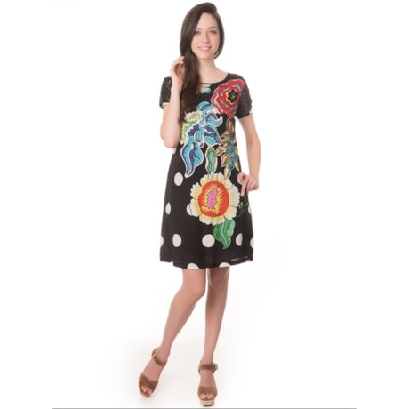 VESTIDO ESTAMPA BOLAS E FLORES CAPITOLLIUM MANGA CURTA DE RENDA - PRETO