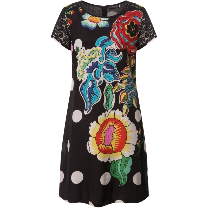 VESTIDO ESTAMPA BOLAS E FLORES CAPITOLLIUM MANGA CURTA DE RENDA - PRETO VESTIDO ESTAMPA BOLAS E FLORES CAPITOLLIUM MANGA CURTA DE RENDA - PRETO
