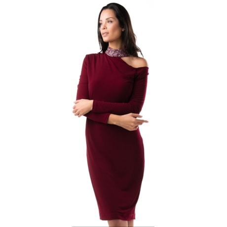 VESTIDO FESTA ALPHORRIA DE UM OMBRO DETALHE GOLA BORDADA - BORDÔ