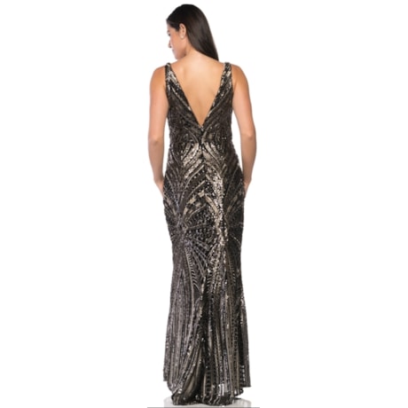 VESTIDO FESTA CHOLET LONGO DE PAETE COM DECOTE - PRETO C/ DOURADO VESTIDO FESTA CHOLET LONGO DE PAETE COM DECOTE - PRETO C/ DOURADO