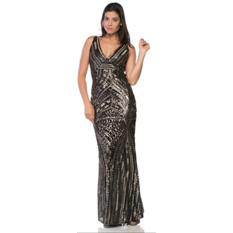 VESTIDO FESTA CHOLET LONGO DE PAETE COM DECOTE - PRETO C/ DOURADO VESTIDO FESTA CHOLET LONGO DE PAETE COM DECOTE - PRETO C/ DOURADO