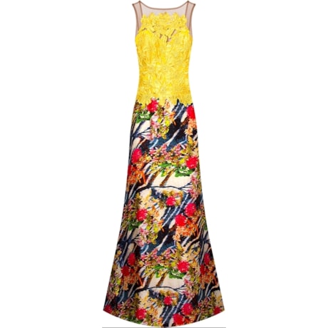 VESTIDO FESTA LONGO GUIPURE COM SAIA ESTAMPADA - AMARELO VESTIDO FESTA LONGO GUIPURE COM SAIA ESTAMPADA - AMARELO