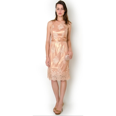VESTIDO FESTA RENDA METALIZADA 1 OMBRO - NUDE VESTIDO FESTA RENDA METALIZADA 1 OMBRO - NUDE