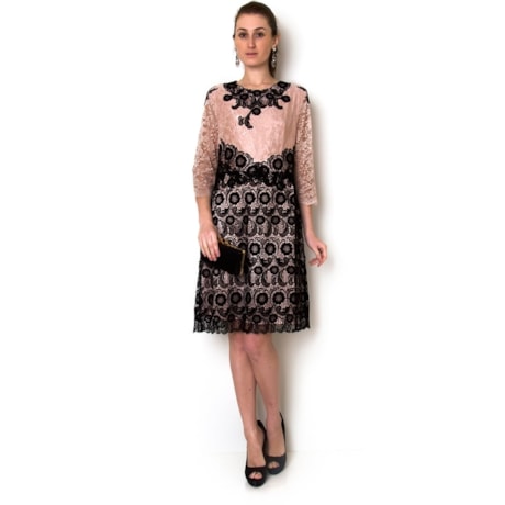 VESTIDO LGTE E RENDA COM DETALHE GUIPURE M 3/4 - ROSA