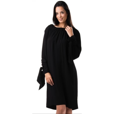 VESTIDO LILA KA CREPE AMPLO DECOTE CANOA DETALHE DE AMARRAÇÃO PUNHO - PRETO VESTIDO LILA KA CREPE AMPLO DECOTE CANOA DETALHE DE AMARRAÇÃO PUNHO - PRETO