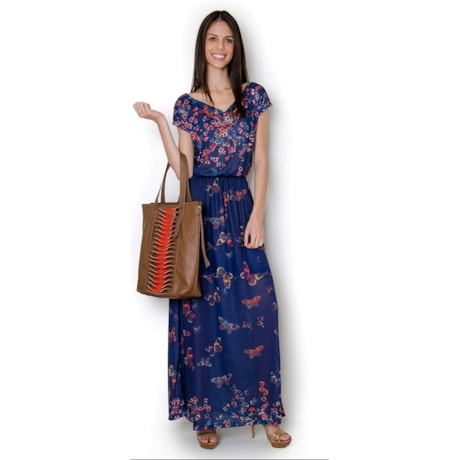 VESTIDO LONGO BLUSÊ BORBOLETAS M/C - MARINHO