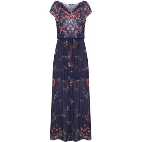 VESTIDO LONGO BLUSÊ BORBOLETAS M/C - MARINHO