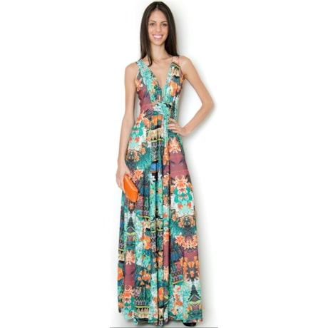 VESTIDO LONGO C/ BUSTO FRANZIDO ESTAMPA TROPICAL - VERDE