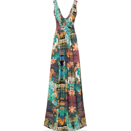 VESTIDO LONGO C/ BUSTO FRANZIDO ESTAMPA TROPICAL - VERDE