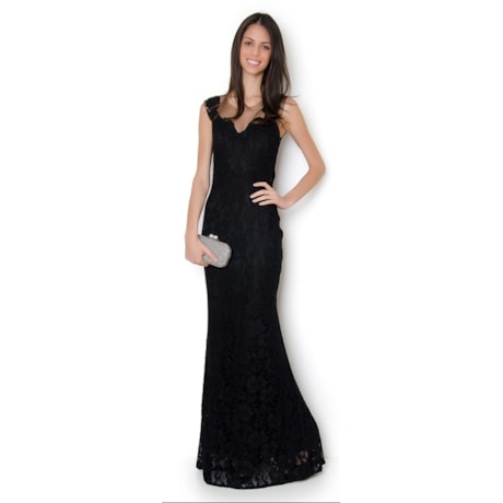 VESTIDO LONGO C/ RENDA/ TULE E GUIPURE CROPPED - PRETO