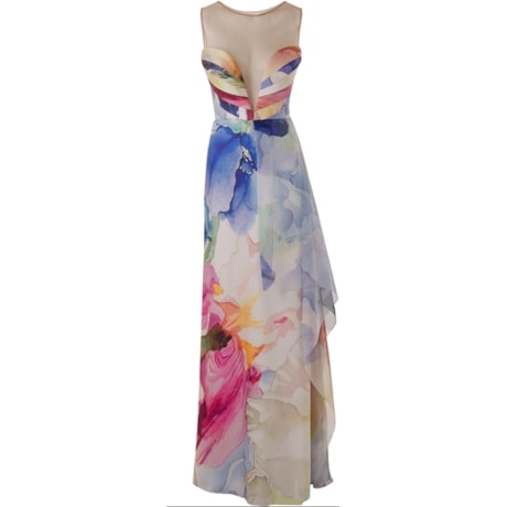 VESTIDO LONGO CETIM FLOWER PRINT BRUNET - FLORAL