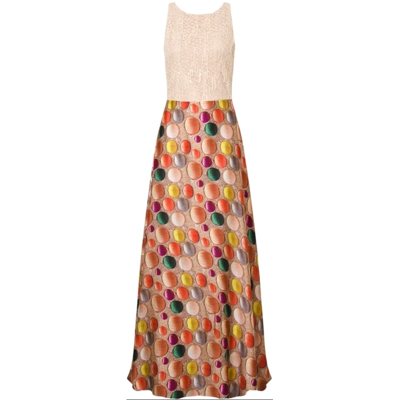 VESTIDO LONGO CORPO BORDADO E SAIA EVASÊ EM CETIM ESTAMPA BOLAS COLOR - BEGE