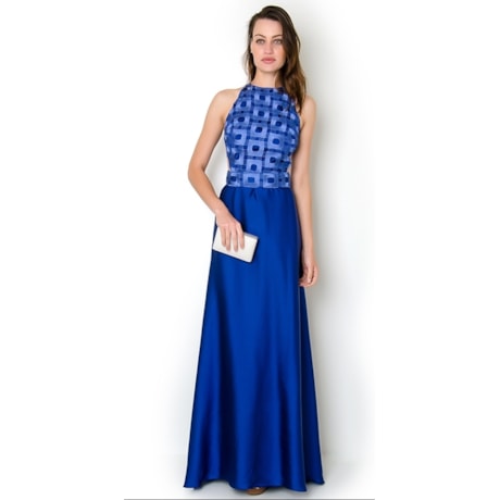 VESTIDO LONGO CORPO BORDADO SAIA - AZUL ROYAL