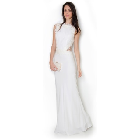 VESTIDO LONGO CREPE RECORTES C/ GUIPURE - CORAL VESTIDO LONGO CREPE RECORTES C/ GUIPURE - CORAL
