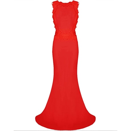 VESTIDO LONGO CREPE RECORTES C/ GUIPURE - CORAL VESTIDO LONGO CREPE RECORTES C/ GUIPURE - CORAL