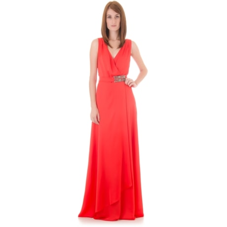 VESTIDO LONGO DE FESTA EM CETIM COM BUSTO TRANSPASSADO E CINTO - LARANJA