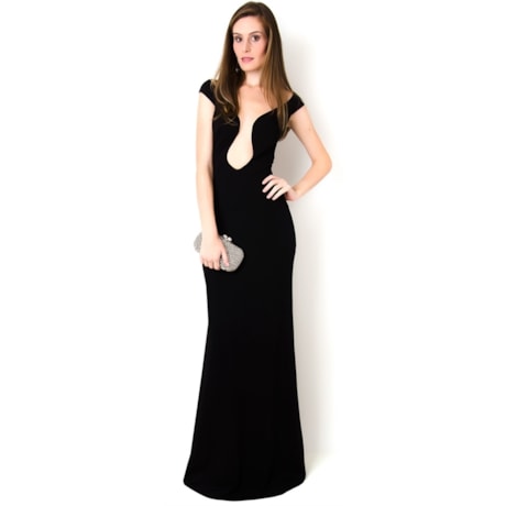 VESTIDO LONGO DECOTE PROFUNTO FRENTE E COSTAS EM TULE ANGELINE - PRETO VESTIDO LONGO DECOTE PROFUNTO FRENTE E COSTAS EM TULE ANGELINE - PRETO