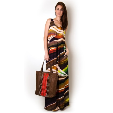 VESTIDO LONGO ESTAMPADO COM BOLSO - MARROM