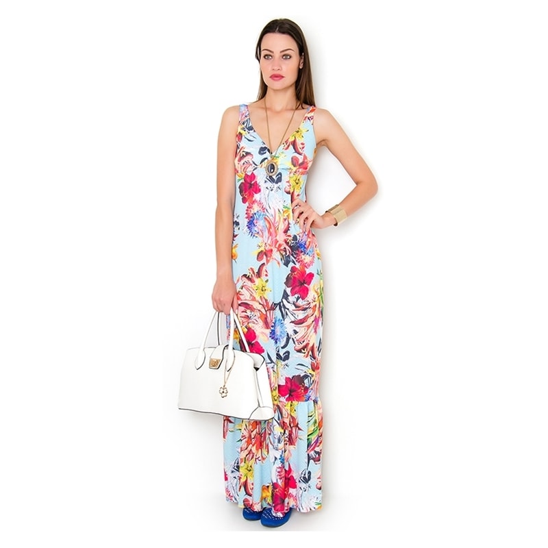 VESTIDO LONGO FLORAL HIBISCO RECORTES BUSTO - AZUL CLARO
