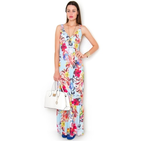 VESTIDO LONGO FLORAL HIBISCO RECORTES BUSTO - AZUL CLARO VESTIDO LONGO FLORAL HIBISCO RECORTES BUSTO - AZUL CLARO